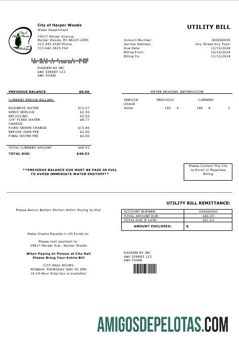 em branco EUA CIDADE DE HARPER WOODS Business Utility Bill Word e modelo PDF